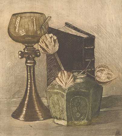 狄奥多鲁斯·安东尼乌斯·德·格鲁伊特的《姜锅里的书、酒杯和灯笼植物的静物》