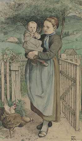 汉斯·托马（Hans Thoma）的《一个胳膊上抱着孩子的农夫女孩站在木栅前》