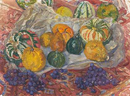 芭芭拉·伊丽莎白·范·霍滕的《地毯上的南瓜和葡萄的静物》