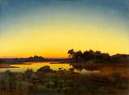 安东·茨旺格尔的《日落时的鹿风景》