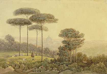 “19世纪德国从一座树木覆盖的山丘上观看佛罗伦萨