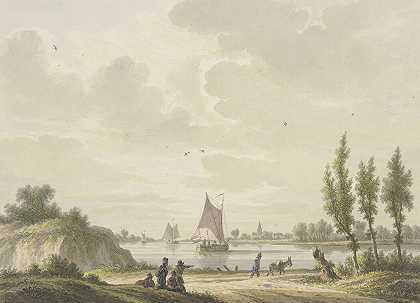 “三艘驳船在一条河上航行，前面是一个骑着驴的人，尼古拉斯·维卡特（Nicolas Wicart）留下了四个数字