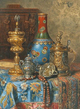 马克斯·舍德尔的《古董与中国景泰蓝花瓶的静物》