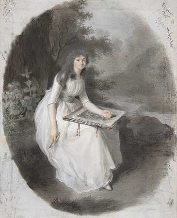 “18世纪末至19世纪末，Firmin Massot在树下画的一位坐着的年轻女士的肖像