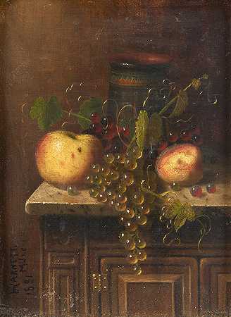 威廉·迈克尔·哈内特（William Michael Harnett）的《大理石顶控制台上埃及花瓶、苹果和葡萄的静物》