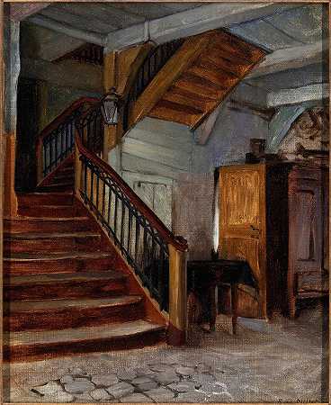 Francis Davis Millet的《带蜿蜒楼梯的房间内部》