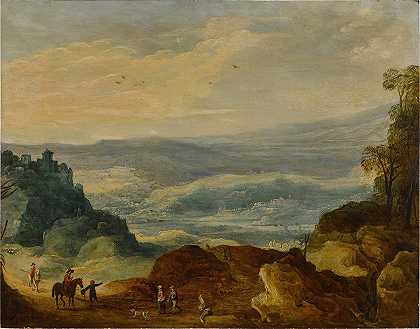 Joos de Momper工作室的一幅广阔的河流风景，前景是农民和骑兵