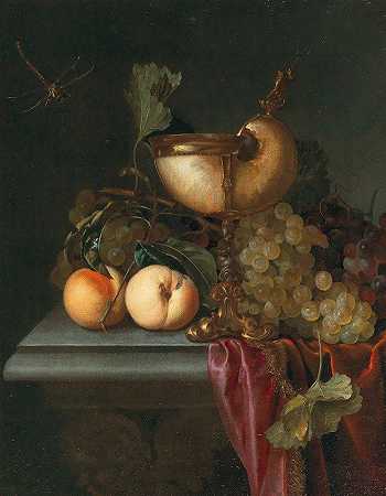亚伯拉罕·德·卢斯特的《拿着鹦鹉螺杯、葡萄和桃子的静物》