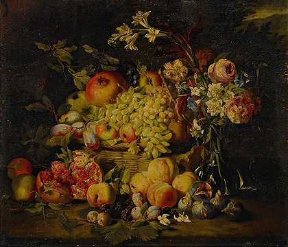 亚伯拉罕·布鲁格尔的《花卉和水果的静物》，包括石榴、桃子和葡萄