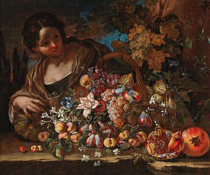 乔瓦尼·保罗·卡斯泰利（Giovanni Paolo Castelli）的《石架上的鲜花和水果与一位年轻女子》