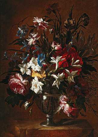 让-巴蒂斯特·蒙诺耶（Jean-Baptiste Monnoyer）在窗台上的花瓶里盛放康乃馨、玫瑰、百合和其他花卉