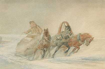 鲁道夫·费多罗维奇·弗伦茨的《雪中的俄罗斯三驾马车》