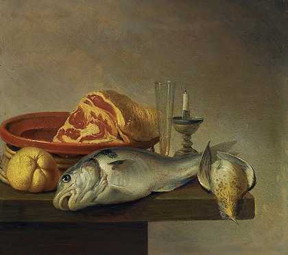 哈门·斯汀威克的《桌面边缘摆放着火腿、鱼、蜡烛和其他物品的静物》