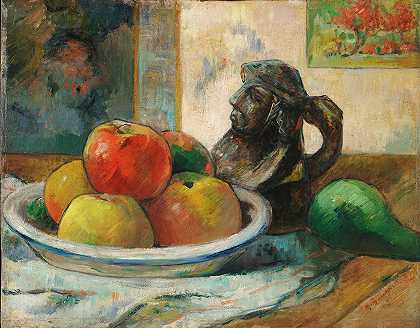 保罗·高更（Paul Gauguin）的《苹果、梨和陶瓷肖像的静物》