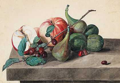 《苹果、无花果和山茱萸的静物》，作者：利奥波德·津诺格