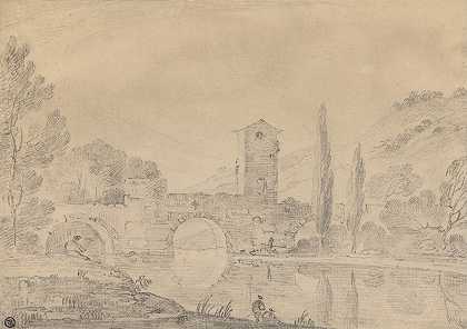 理查德·威尔逊（Richard Wilson）的《意大利风景，三座拱桥、桥楼、近岸的人物和远处的白杨》