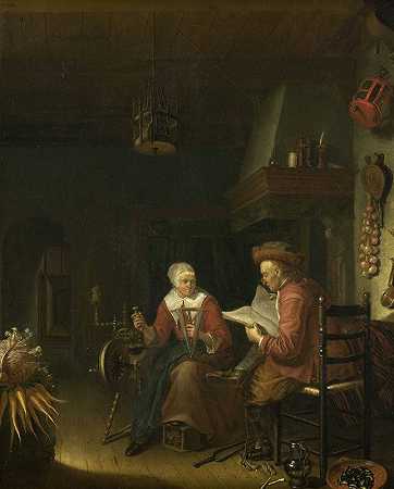 Domenicus van Tol的《一个男人读书，一个女人纺纱的室内》