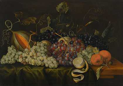 雅各布·马雷尔的《葡萄藤上红、黑、绿葡萄与橘子的静物》