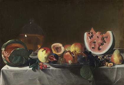 《水果和水壶的静物》，作者：Pensionate del Saraceni
