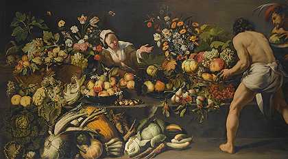 意大利佛兰芒学校的《一张桌子和地板上摆放着水果、蔬菜和鲜花的室内，一女两男》