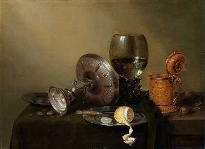 Willem Claesz Heda的《带镀金啤酒罐的静物》