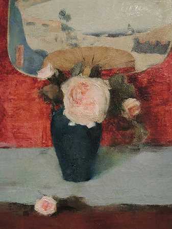 “日本玫瑰和扇子，画布油画，费尔南多·赫诺普夫