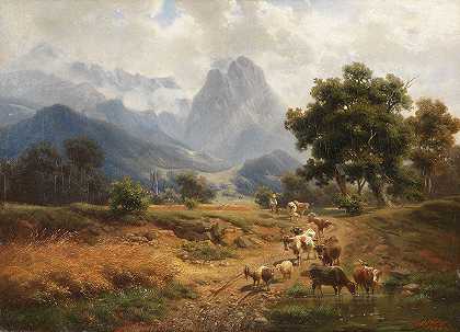 海因里希·霍费尔（Heinrich Höfer）的《牧童与牛在帕滕基兴（Partenkirchen）附近，观看韦特尔斯坦山脉》（Wetterstein Mountains）