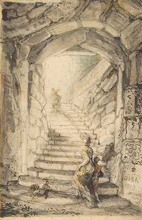 Gabriel de Saint Aubin的“L”Escalier（弯曲楼梯）