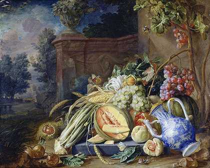 Cornelis de Heem的《花园栏杆前的蔬菜和水果的静物》