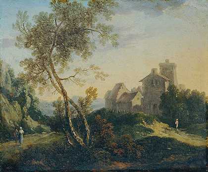 Johann Christian Brand的《理想的树木风景和坚固的村庄（晚上）》