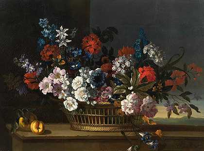 “在桌子上桃子旁边的篮子里放着混合的花，这是彼得·卡斯特尔斯三世笔下的风景