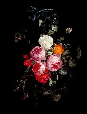 卡斯蒂安·卢克的《蓝色丝带上挂着蝴蝶和昆虫的玫瑰花节》