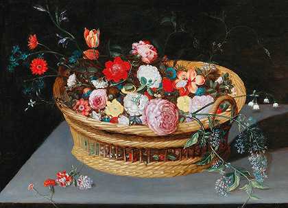 “年轻的Jan Brueghel在石桌上放了一个春天的花篮