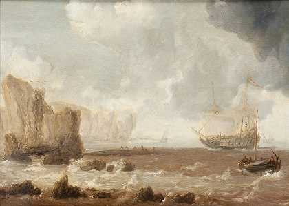 《落基海岸附近波涛汹涌的大海中的荷兰战舰和帆船》作者：Bonaventura Peeters the Elder