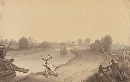 爱德华·弗朗西斯·伯尼（Edward Francis Burney）的《帕丁顿运河（Paddington Canal）艾姆伍德灌木丛（Wormwood Scrubbs）的交汇处，一名乘客在呼叫Uxbridge通道船》