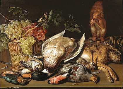 克拉拉·皮特斯（Clara Peeters）的木桌上放着一篮红绿葡萄、一只金雀、野味和一只松鼠