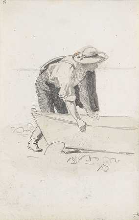 汉斯·古德（Hans Gude）的《海滩上的男性人物和船》