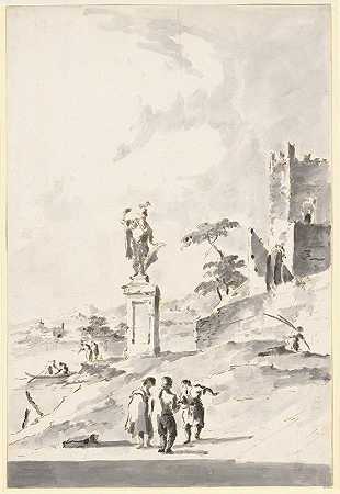 贾科莫·瓜尔迪（Giacomo Guardi）的《武士雕像与泻湖岸边的废墟城堡随想曲》