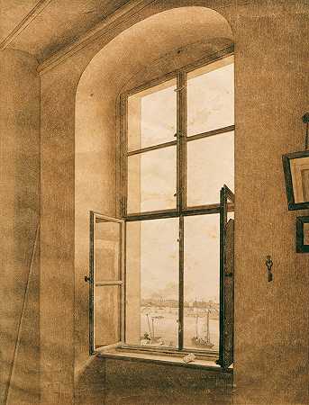 卡斯帕·戴维·弗里德里希（Caspar David Friedrich）在易北河德累斯顿的艺术家工作室（左窗）观看