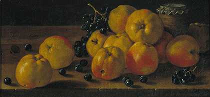 路易斯·梅伦德斯的《苹果、葡萄和一罐果酱的静物》