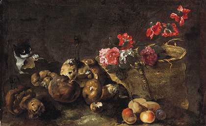 西蒙·德尔·廷托尔的《蘑菇、水果、花篮和猫的静物》