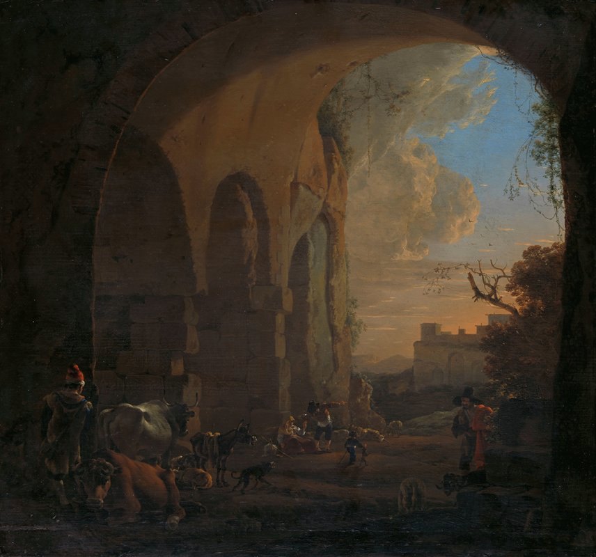 Jan Asselijn的《罗马斗兽场拱门下的车手和牛》