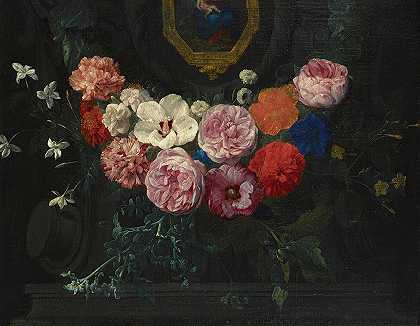 尼古拉斯·范·韦伦达尔的《一朵花环围绕着一辆有圣母和孩子的卡通车》