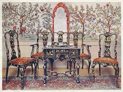 埃德温·弗利（Edwin Foley）的黑漆长椅、椅子和桌子、红漆镜子