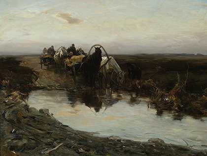 Alfred Von Wierusz Kowalski的《水坑前的农民推车》