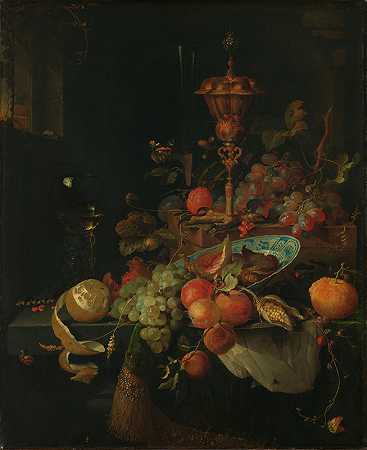 亚伯拉罕·米农的《鸡脚上的水果和烧杯的静物》