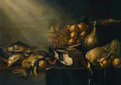 哈门·斯汀威克的一张挂着窗帘的桌子上，有一只死兔子和鸭子、鱼、蔬菜和一个陶器旗子的静物