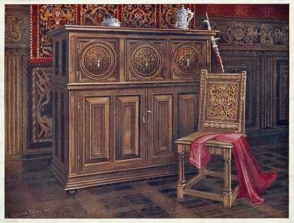 “橡木橱柜，圆形凸面镶板，胡桃木椅子（无胸罩的躺椅），背面有埃德温·弗利的交错花饰