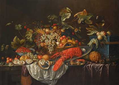 Cornelis de Bryer的《篮子里的什锦水果的静物》，蓝色珠宝盒上的Roemer和苹果