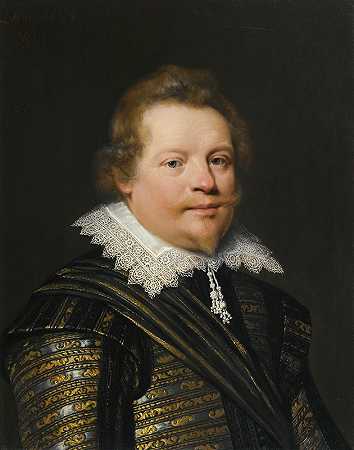 Jan Anthonisz van Ravesteyn的《穿着黑色和金色刺绣双人裙和白色褶边的绅士肖像》